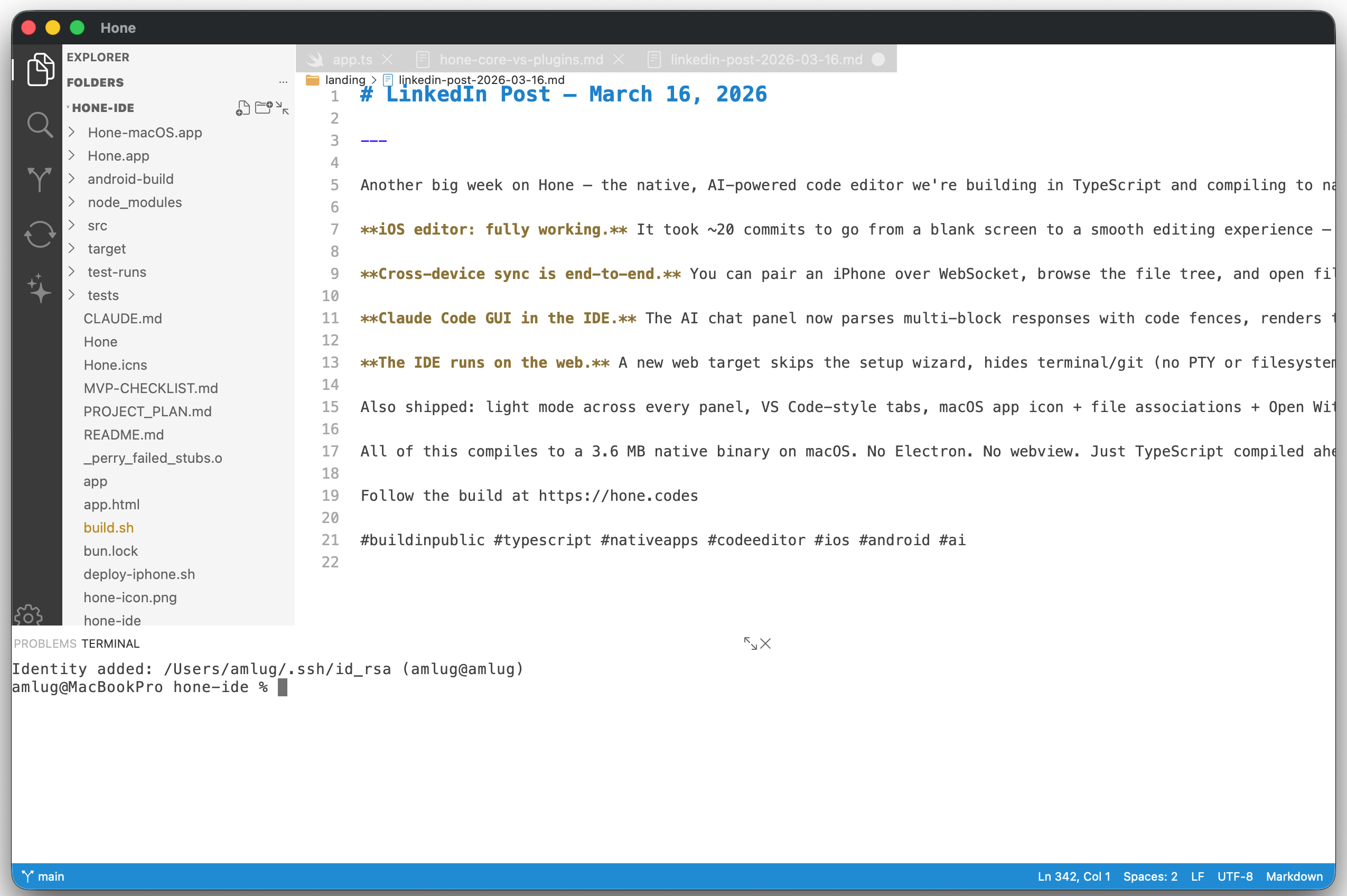 Hone — AI code editor built with Perry